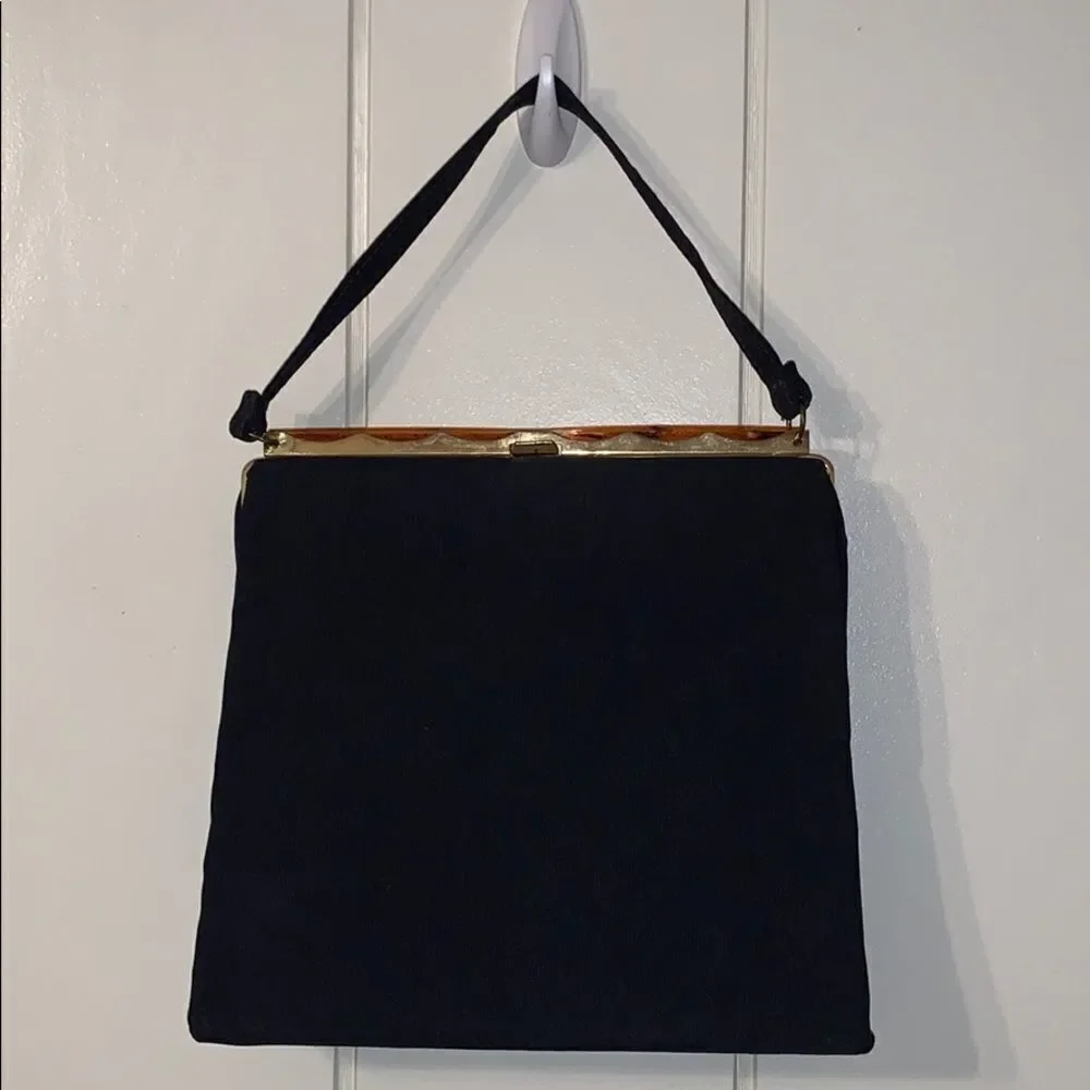 Vtg Dover black cloth satchel snap top purse